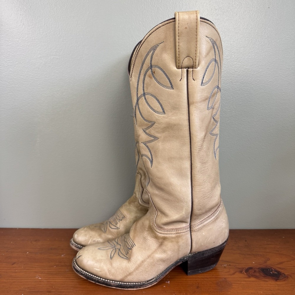 Vintage Marbled Tan Blue Embroidered Cowboy Western Boots Women's Sz 7 - Picture 3 of 6